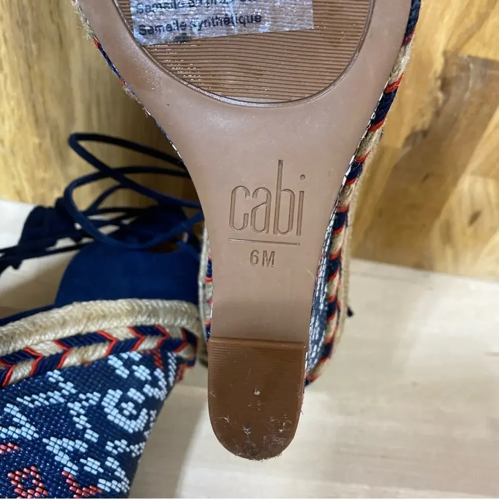 Cabi Isla Espadrille Wedge Sandals Ankle Wrap Navy Suede 6